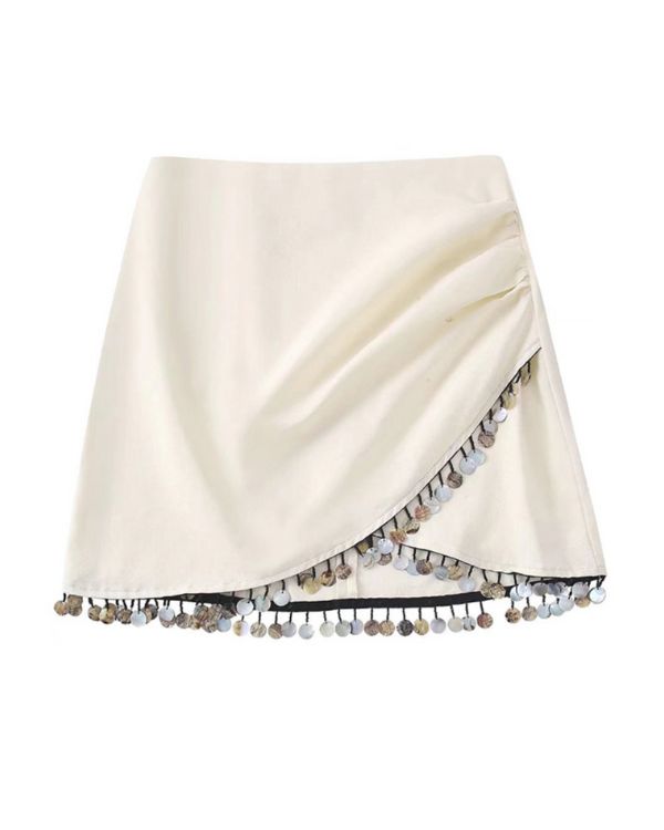 Weisser Boho Hippie Rock mit runden Muschel Anhaengern 