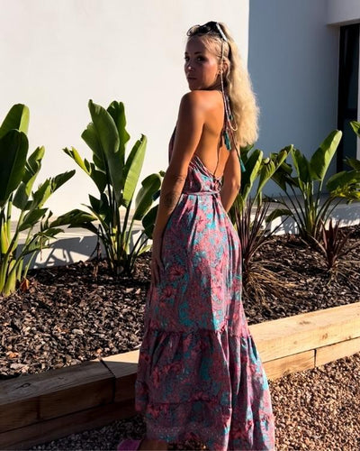 Rueckenfreies Damen Boho Kleid mit Paisley Blumen Mustern