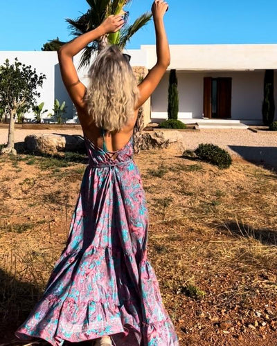 Rueckenfreies Damen Blumen Sommerkleid - Boho India Fashion Maxikleider kaufen