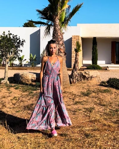 Rosa Blaues Damen Kleid mit Blumen Mustern