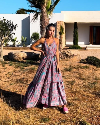 Boho Paisley Blumen Maxikleid Sommerkleid in rosa blau gemischt