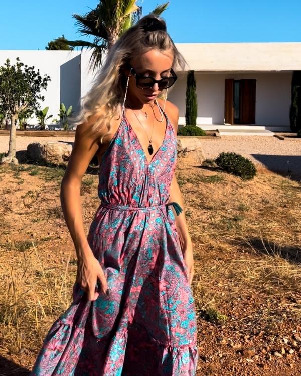 Boho Blumen Paisley Kleid in rosa-blau gemischt