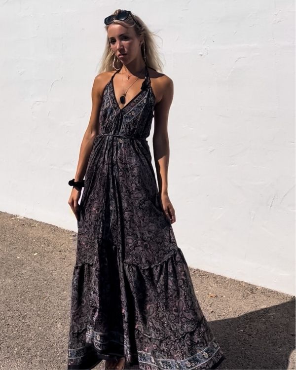 dunkles bodenlanges Damen Paisley Boho Kleid