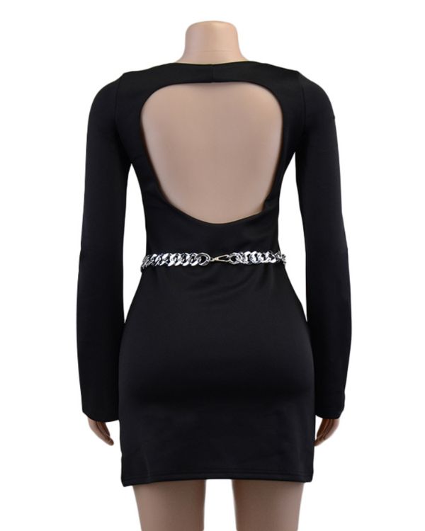 Rueckenfreies langarm Damen Kleid mit Ketten Gurt