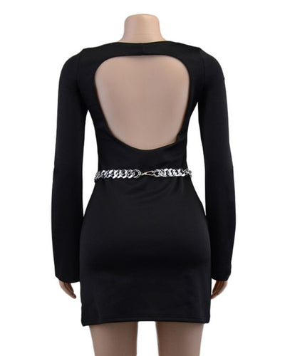 Rueckenfreies langarm Damen Kleid mit Ketten Gurt