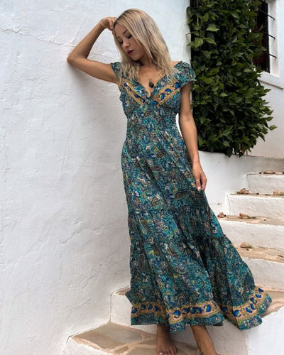 Paisley Hippie Kleid Bodenlanges Maxikleid in tuerkis blau