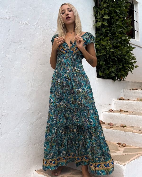 Tuerkis Blaues Damen Ruffle Hippie Kleid Sommerkleid