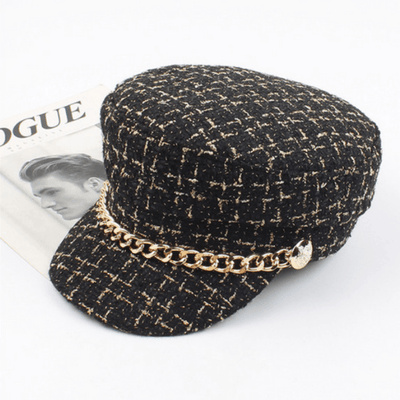 Sailor Cap Damen Elegant Gold Glieder Kette | karrierte Damen Mütze Hut 