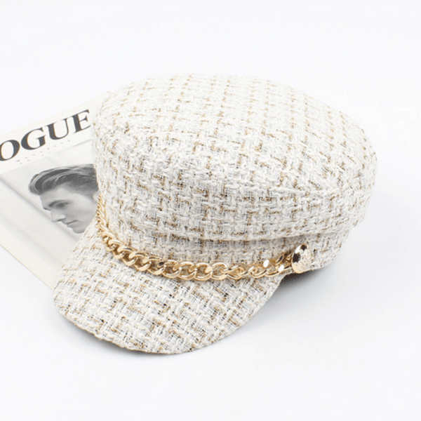 Sailor Cap Damen Elegant Gold Glieder Kette | karrierte Damen Mütze Hut 