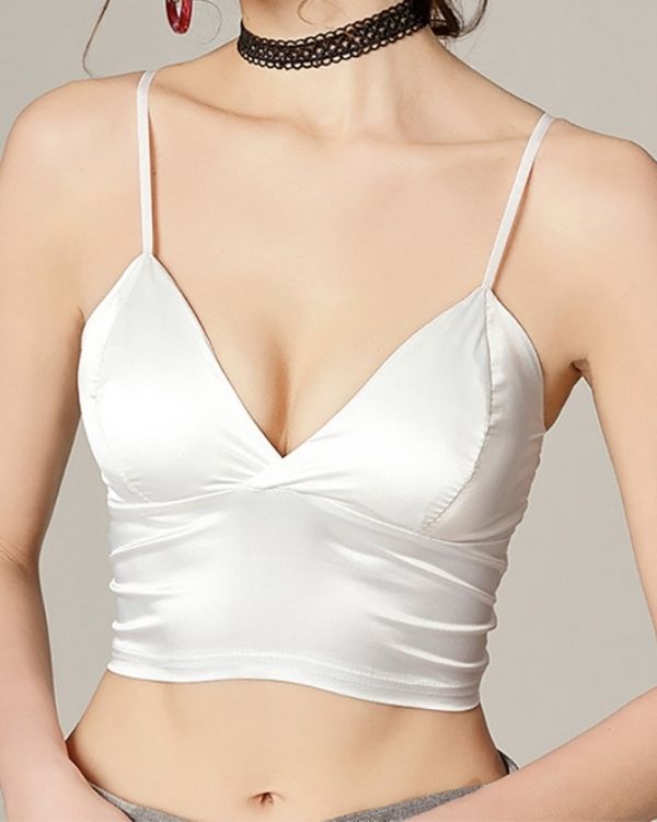 Weisses Crop Top mit V-Ausschnitt Satin