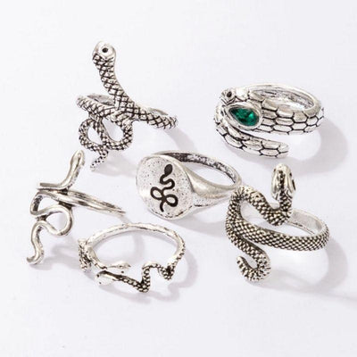 Silbernes Schlangen Fingerring Set aus 6 diversen Ringen Fashion Style