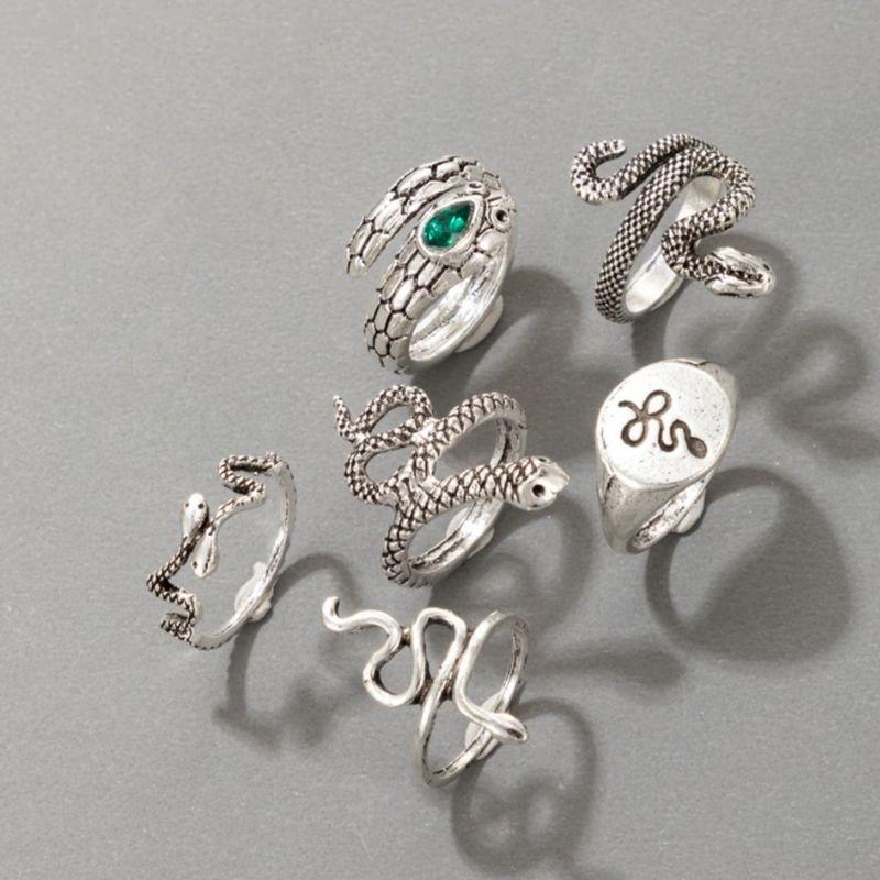 Silbernes Fingerring Set mit Schlangen Symbole - Modeschmuck Ring Set Damen Snake