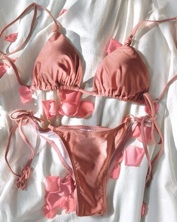 Rosa Bikini Set aus Triangel Obrteil und passender Badehose zum binden - Schnuer Wrap Bikini Set 