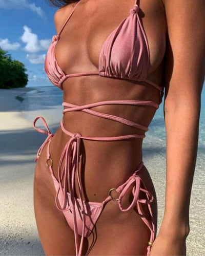 Rosa Schnuer Wrap Bikini Set aus Triangel Oberteil mit langen Schnueren zum binden und String Tanga Badehose zum binden