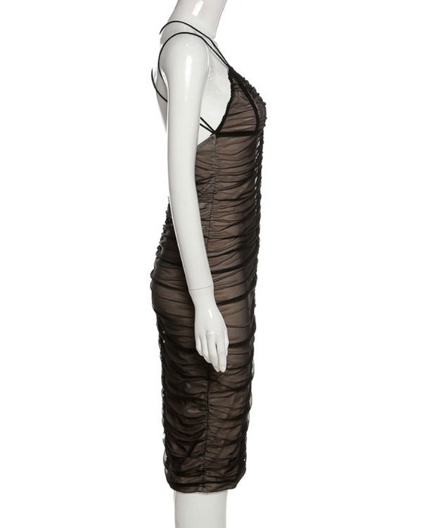 Schwarzes Damen Midi Kleid mit Ruffle Effekt und Spaghetti Traegern 