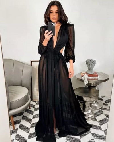 Schwarzer Mesh Kimono Kleid mit langen Armen und V-Ausschnitt - Eleganter Beach Strand Kleid Kimono Damen