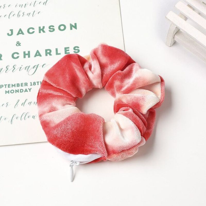 Rot-Weiss Samt Velvet Scrunchies Haargummi mit Reissverschluss und Batik Look