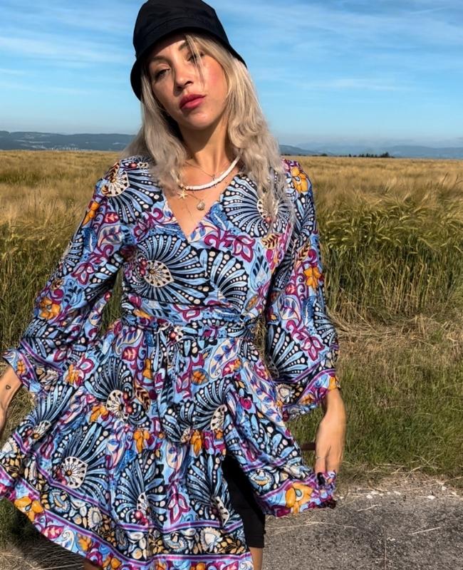 Seiden Kleid im Boho Hippie Style mit Blumen Muster - Kurzes Kleidchen Damen