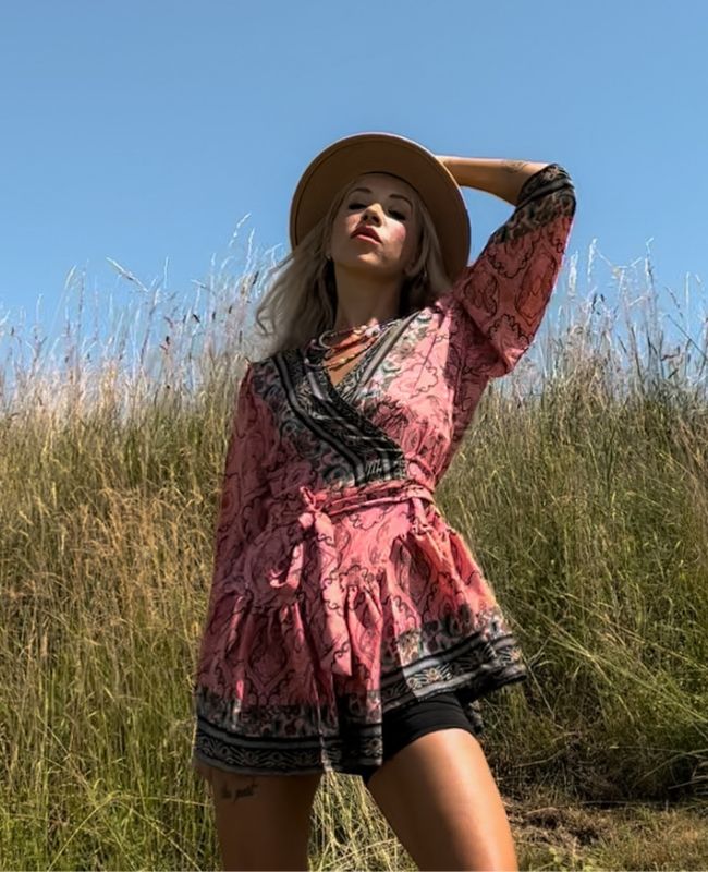 Koral Farbiges Boho Hippie Seidenkleidchen - Kurzes Sommer Kleid aus Seide - India Fashion 