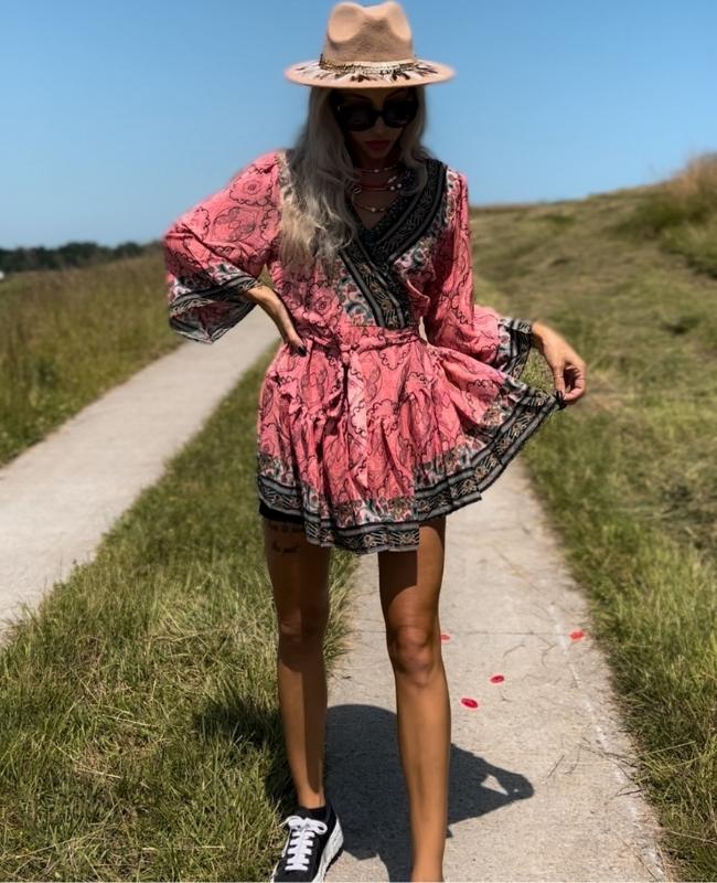 Koral Lachs Paisley Boho Kleid aus Seide - Damen Wickelkleid Sommerkleid online kaufen