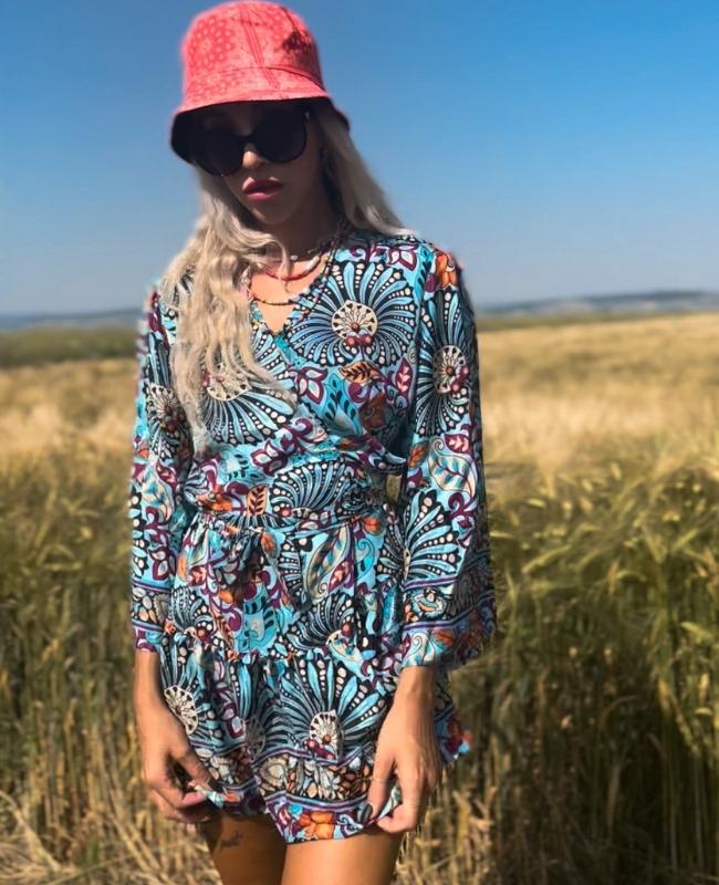 Damen Wickelkleid mit Boho Paisley Mustern - Seiden Wickelkleid kurz 