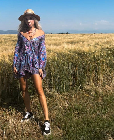 Violettes Boho Paisley Kleid aus Seide - Seidenkimono Bluse Damen online kaufen Schweiz