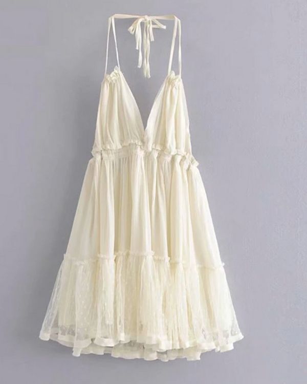 Weisses Kurzes Damen Boho Sommerkleid Ibiza Style Kleid Rueckenfrei und Ruffeld Details