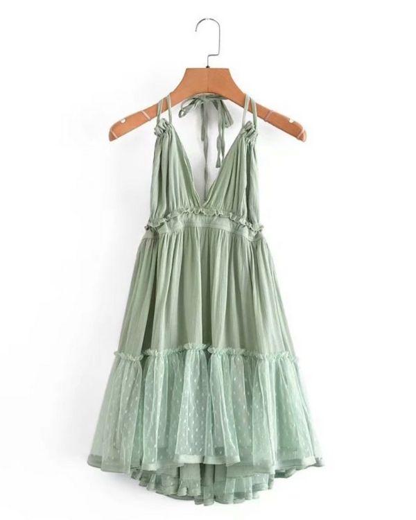 hellgruenes Ibiza Boho Hippie Style Kleid Damen - Kurzes Damen Sommerkleid mit Ruffeld Effekt Bohochic