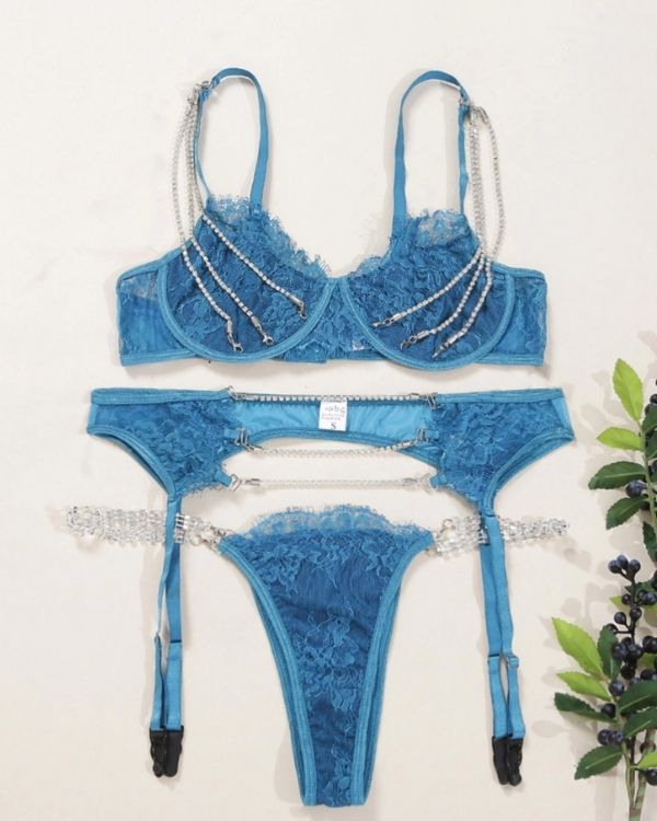 Blaue Spitzen Dessous Reizwaesche mit Glitzer Strasssteinen - Luxus und Erotik Set in Einem 