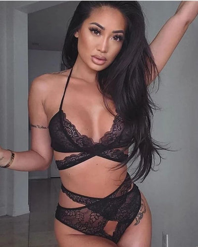 Schwarze Spitzen Dessous mit Kreuzung Bandage Effekt - Erotische Sexy Lingerie Schweiz online kaufen
