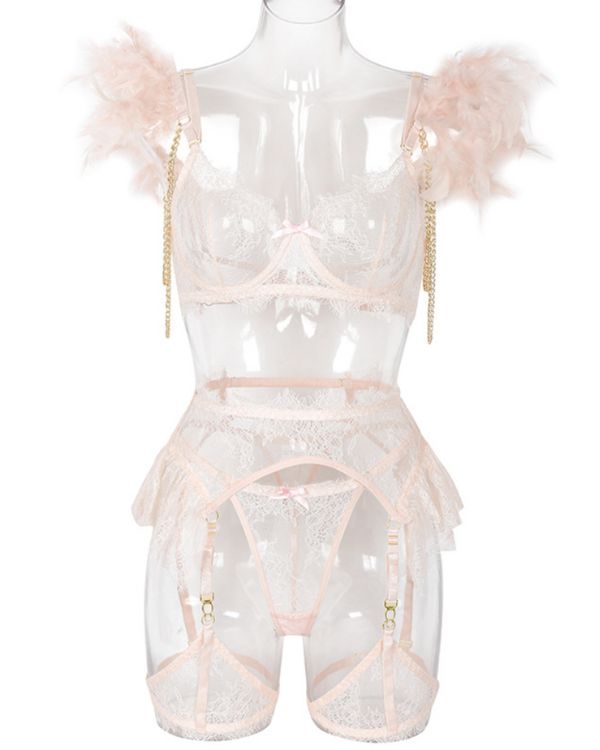 Rosa Spitzen Dessous Lingerie Set mit Feder und Gliederketten Details - Ruffle Strapsen Halterund und passender String Tanga