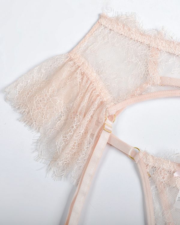Luxury Spitzen Dessous Set mit Floral Mustern - Strapsen Halterung mit String Tanga