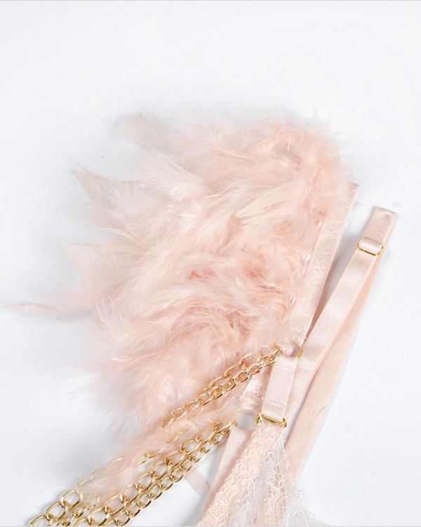 Spitzen Dessous BH in rosa mit Feder Details und goldenen Gliederketten