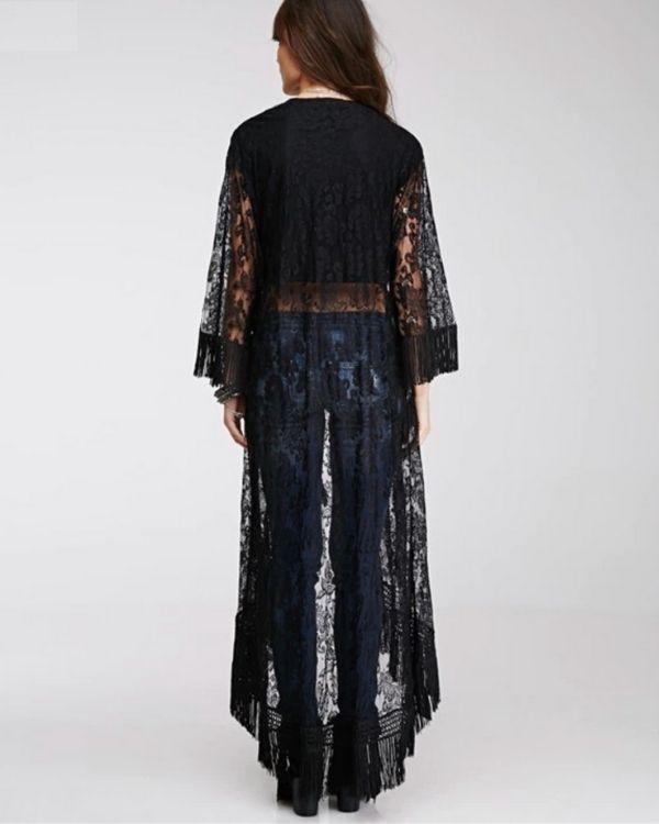 Asymmetrischer langer Spitzen Lace Kimono mit Fransen an den Enden