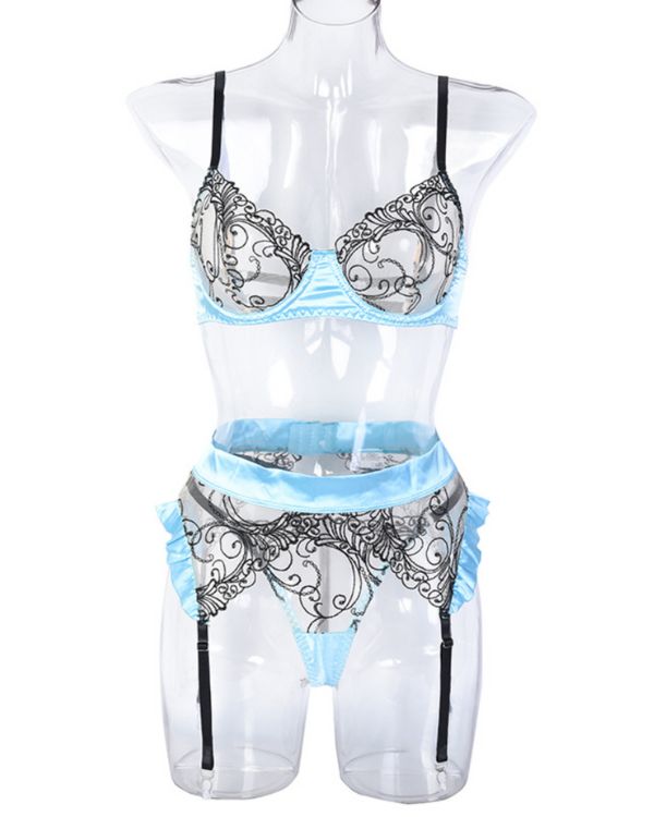 Reizvolles Dessous Set aus 3 Teilen - Spitzen Mesh BH mit String Tanga, Ruffle Strapsen Halterung mit Seidenrand 