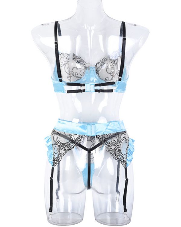 Erotisches Dessous Set aus String Tanga, Strapsen Halterung mit Ruffle Rand und passender Strapsen Halterung mit Ruffle Effekt