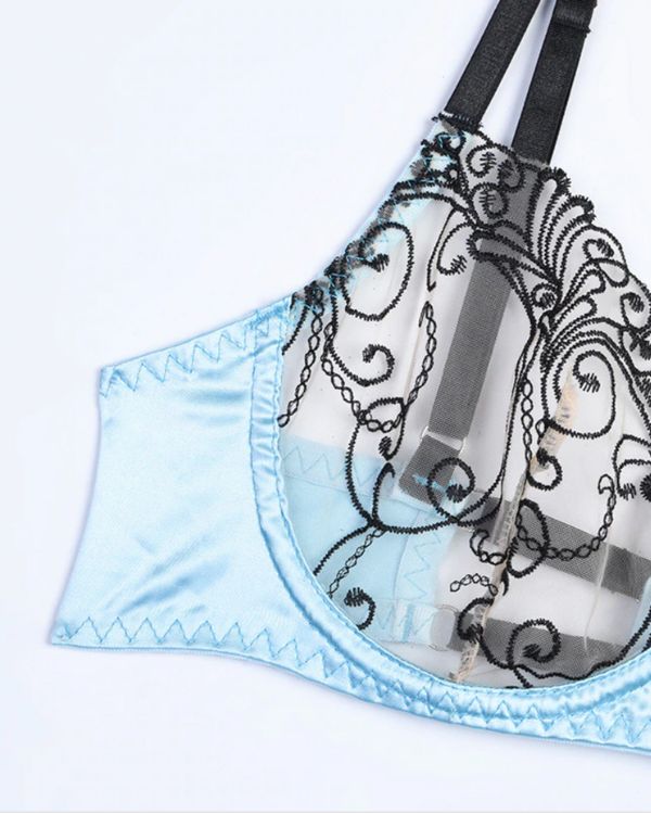 Spitzen Mesh BH mit Blumen Muster und hellblauem Rand