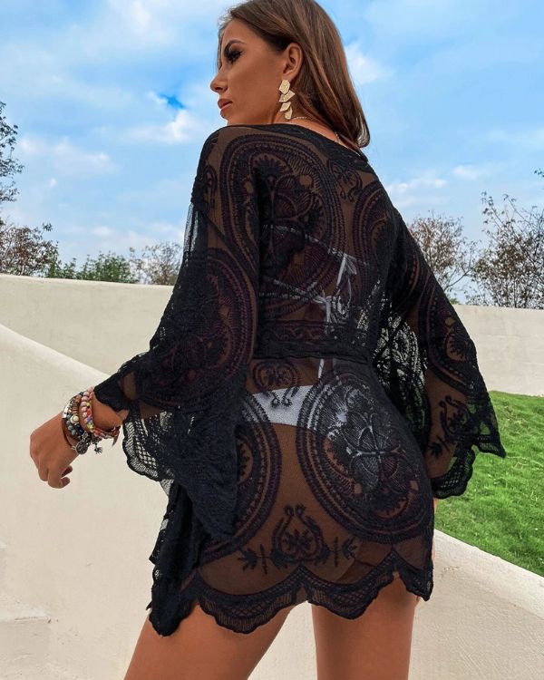 Schoenes Damen Spitzen Shirt aus Mesh Stoff - Schwarzes Beach Cover-Up