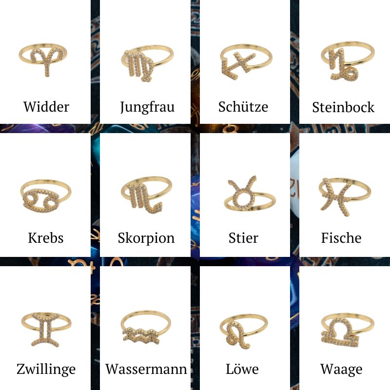 Sterling Silber 925 Fingerringe vergoldet mit Astrologie Sternzeichen Symbol mit Zirkonia Steinen 