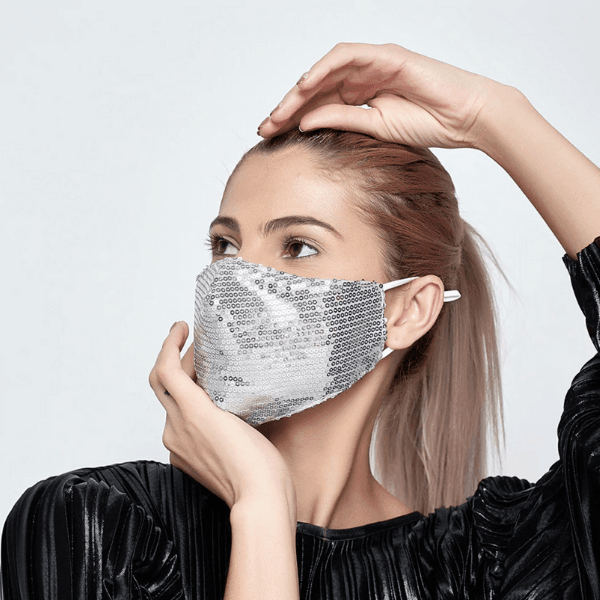 Silberne Glitzer Stoffmasken Textilmasken Community Masken