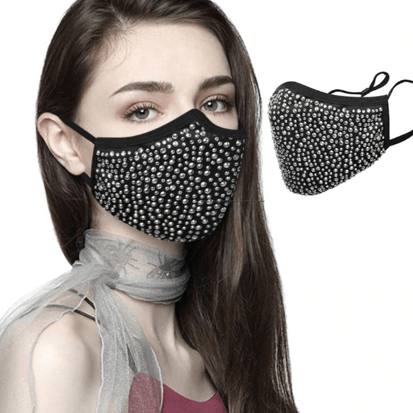 Glitzer Stoffmaske Schweiz | Schwarze Stoffmaske mit silbernen Glitzersteinen | Fashion Maske Glitzer Nieten | Glitter Mask