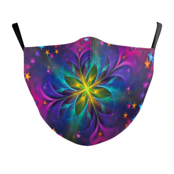 Psychedelic Stoffmaske Damen und Herren | Spiritual Energy Style Maske | Farbige Fashion Maske mit Spirituellen Mustern | Energie Farben und Blumen Stoffmaske | Corona Fashion Designer Maske kaufen