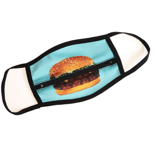 Burger Stoffmaske mit Reissverschluss | Zipper Mask Schweiz | Fashion Maske mit Hamburger Motiv 