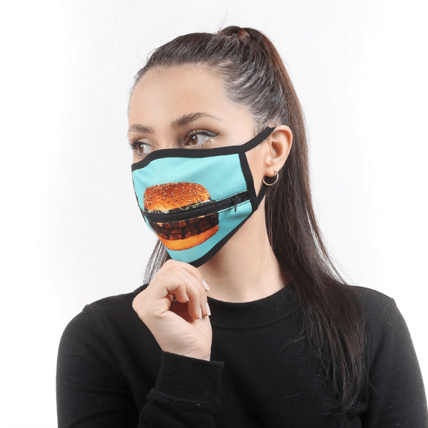 Burger Stoffmaske mit Reissverschluss | Zipper Mask Schweiz | Fashion Maske mit Hamburger Motiv 