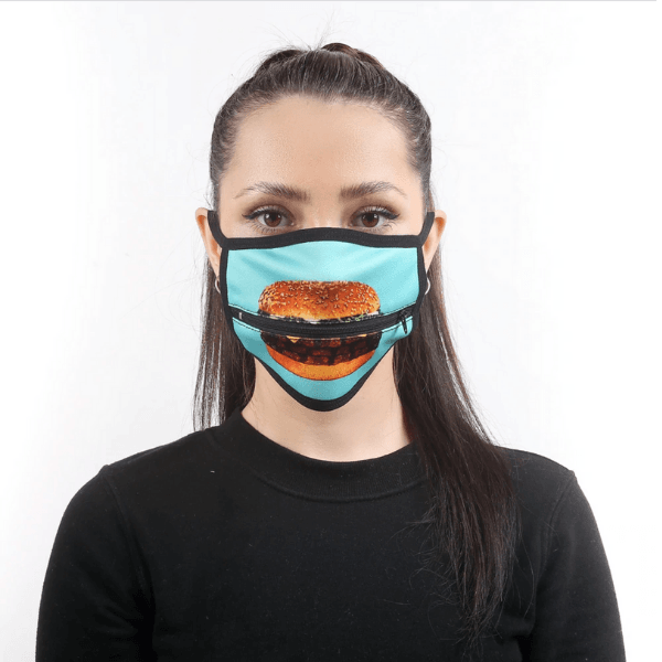 Burger Stoffmaske mit Reissverschluss | Zipper Mask Schweiz | Fashion Maske mit Hamburger Motiv 