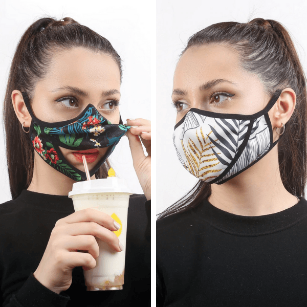 Stoffmaske mit Öffnung zum Trinken und Essen | Maske mit Klappe | Stylische Fashion Maske Schweiz | Maske mit Trinköffnung