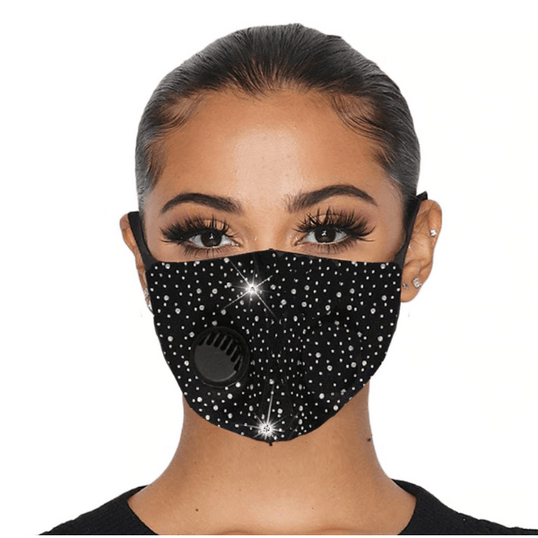 Glitzer Stoffmaske mit Aussenventil Filter | Neopren Ähnliche Stoffmaske | Schwarze Glitzer Fashion Maske Schweiz