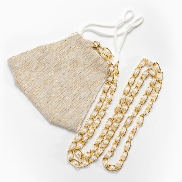 Designer Seidenmaske Schweiz | Ibiza Style Stoffmaske aus Seide und Baumwolle | Maskenkette und Maske in einem | Perlenkette in gild und einzigartige beige goldene Maske | Island Masken Kollektion Schweiz