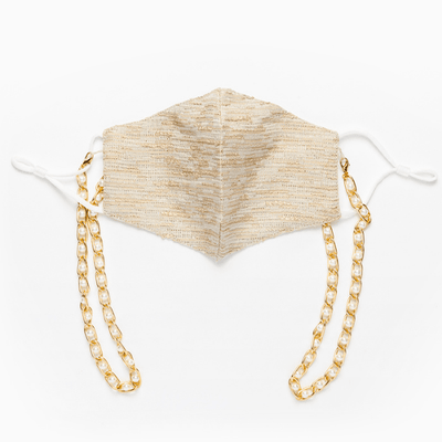 Designer Seidenmaske Schweiz | Ibiza Style Stoffmaske aus Seide und Baumwolle | Maskenkette und Maske in einem | Perlenkette in gild und einzigartige beige goldene Maske | Island Masken Kollektion Schweiz