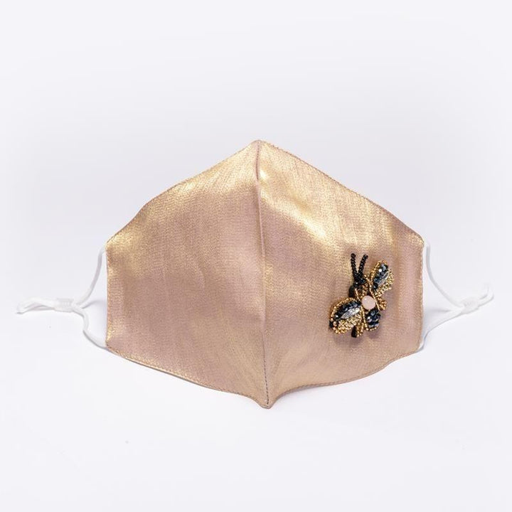 Goldene Stoffmaske mit Bienen Brosche aus Perlen - Designer Fashion Mundschurz Masken